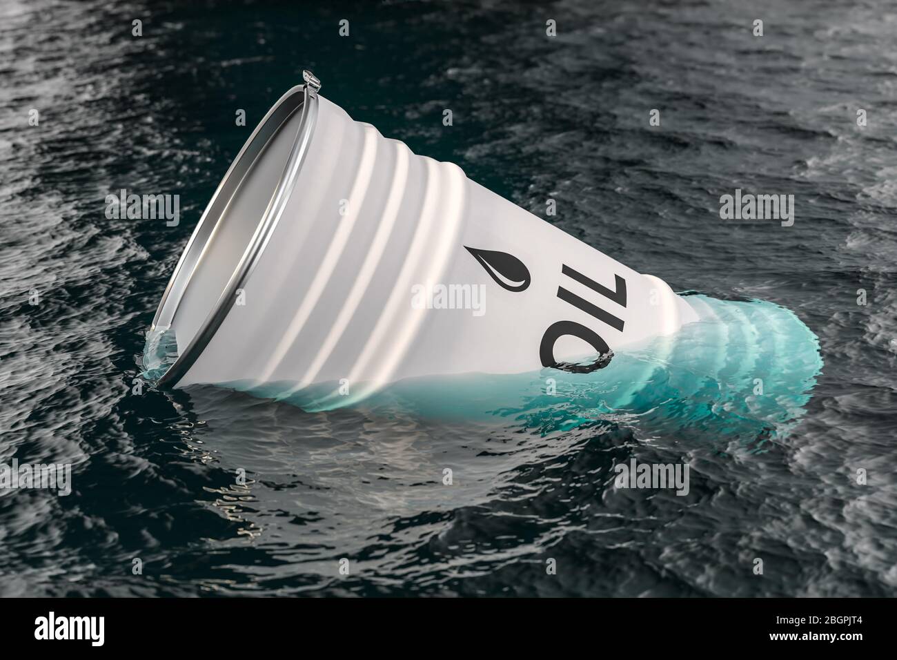 barrel of oil floating in the sea. concept of crisis in the oil and fuel world. economic collapse of hydrocarbons. Stock Photo