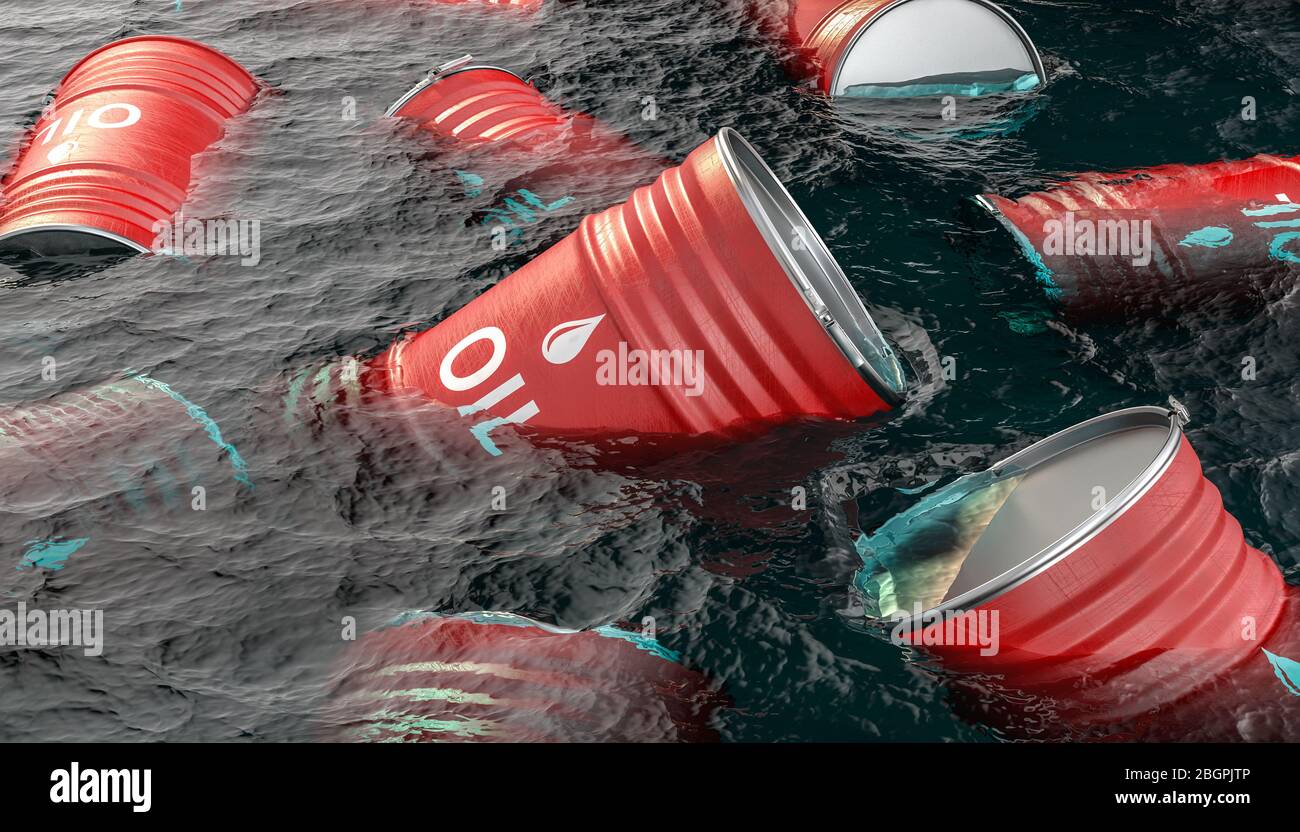 barrels of oil floating in the sea. concept of crisis in the oil and fuel world. economic collapse of hydrocarbons. Stock Photo