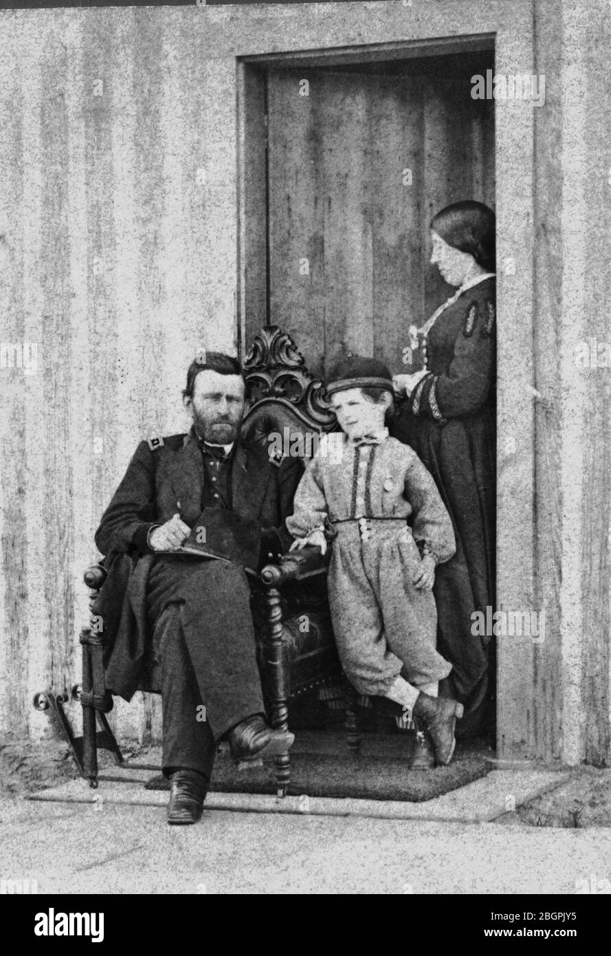 Lieutenant General Ulysses S. Grant (1822-1885) with his wife, Julia Boggs Grant (1848-1902), and son, Frederick Dent Grant (1850-1912), in 1864. During the American Civil War, Grant became the commander of all northern armies. Later be became President of the United States. Years later, when he found out he was dying, he wrote his autobiography, which sold extremely well, thereby supporting his family for decades.  To see my Civil War-related images, Search:  Prestor  vintage  Civil Stock Photo