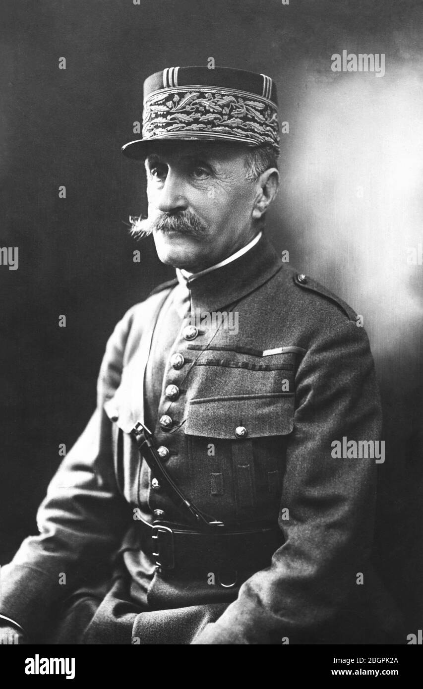 French General Ferdinand Foch (1851-1929) c. 1918. During the Great War of Nations (World War I ), Foch proved to be an excellent military strategist.  In late 1918, he became the Commander-in-Chief of all Allied armies in Europe. By November 1918, as Marshal Foch, he accepted Germany's surrender and participated in the Treaty of Versailles on Nov. 11, 1918. But he wanted much tougher penalties on Germany than they ended up suffering. He said, 'This is not peace. It is an armistice for twenty years.'  He was right.  To see my WW I-related images, Search:  Prestor  vintage   WW I Stock Photo