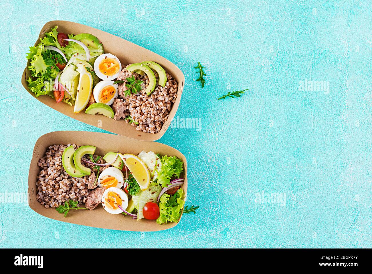 Healthy food delivery. Lunch Buckwheat porridge, sliced tuna, boiled