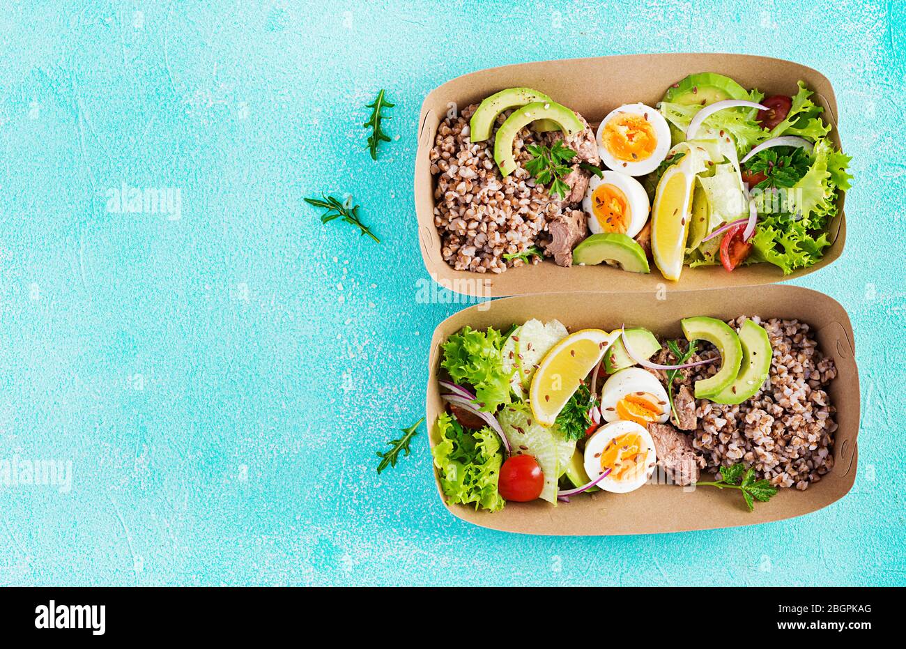 Meal prep containers with rice with chicken, baked vegetables, eggs,  sausages and salad for breakfast and lunch overhead shot Stock Photo - Alamy