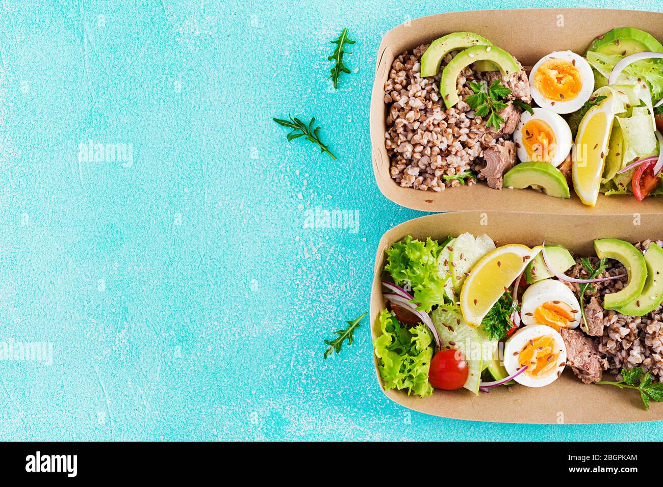 Healthy food delivery. Lunch Buckwheat porridge, sliced tuna, boiled