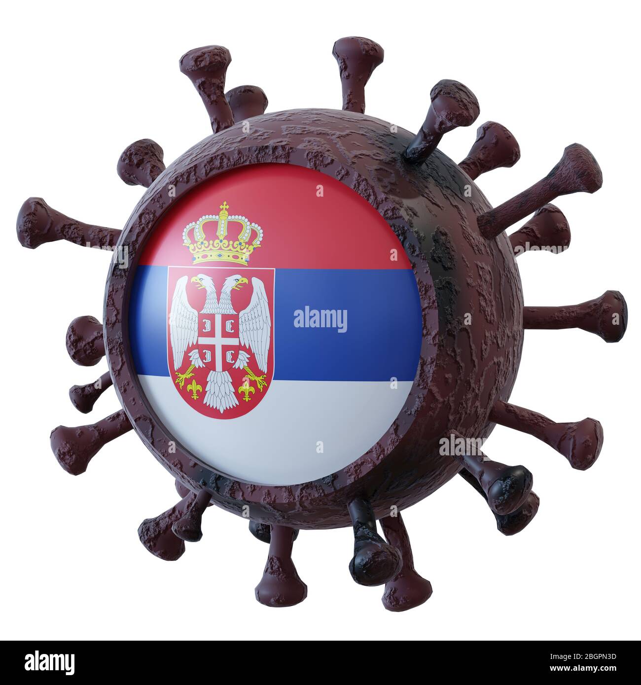 3d rendering of a national Serbia flag over a virus covid19. Concept of the fight of the countries vs pandemic. Isolated on white background Stock Photo