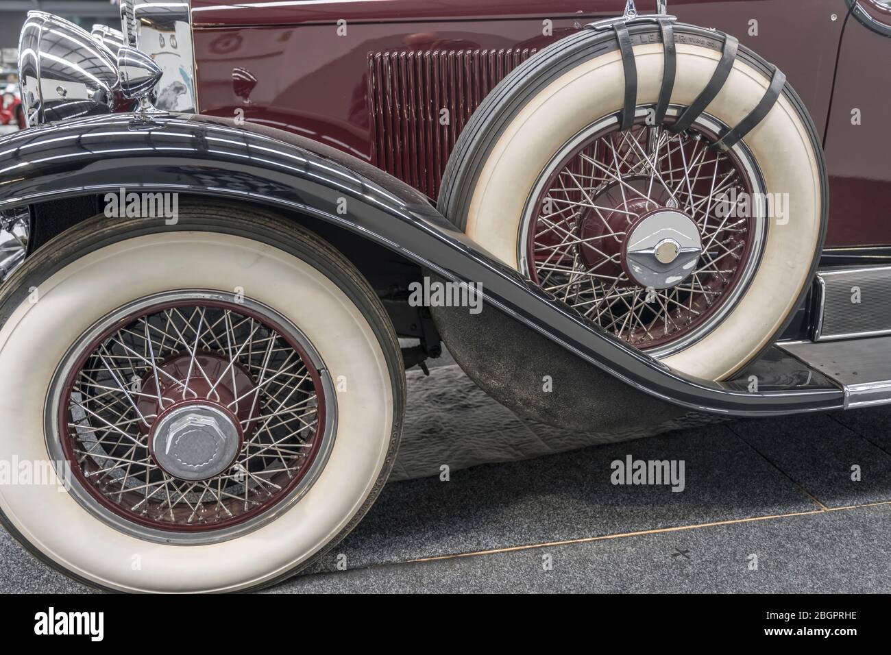 detail of mudguard and spoke wheels of vintage car. shot at Wanaka, Otago, South Island, New Zealand Stock Photo