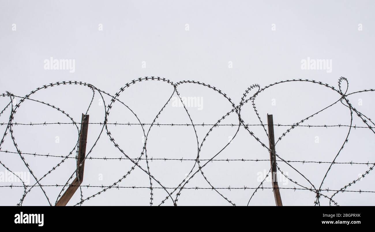Concertina wire. Grey cloudy sky Stock Photo