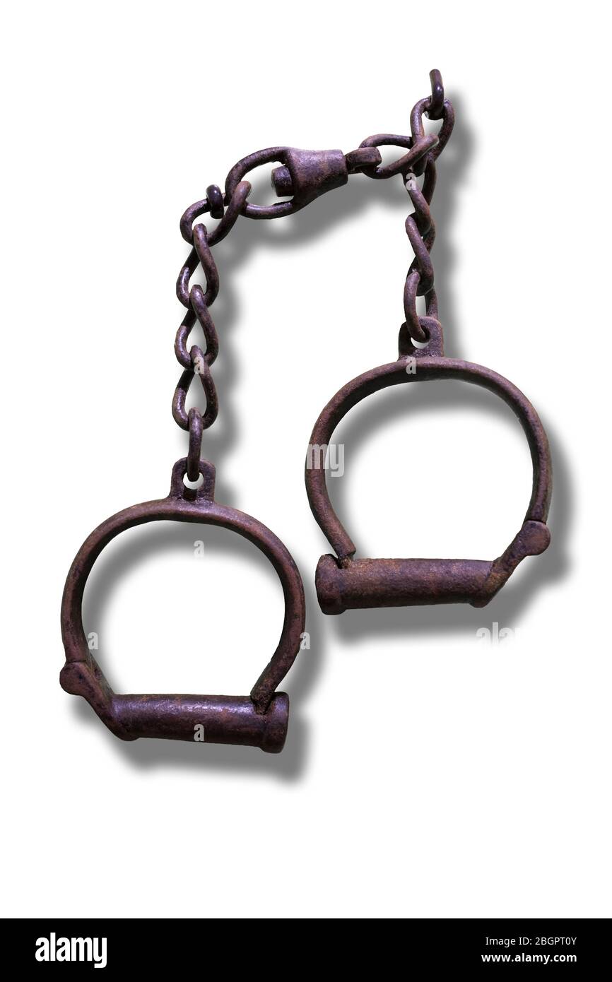 slave trade; trafficking; Africa; slave-trading; 18th Century; Unhygienic; captives; chained; history; item; nails; metalic; isolated; object; gyve; U Stock Photo
