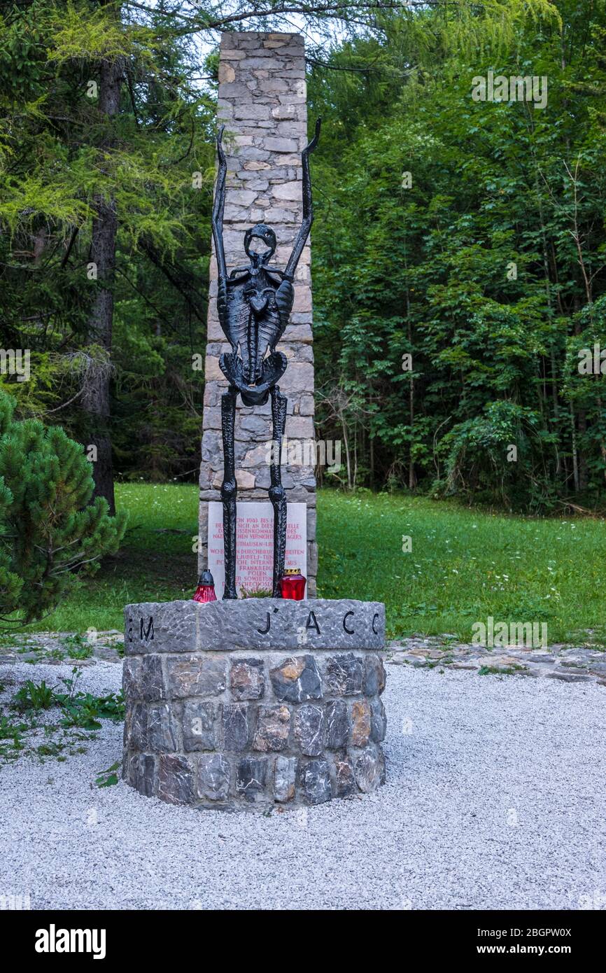 Ljubelj, Slovenia - August 09, 2019: Monument for memory to victims of Camp Loibl which was a branch of the Mauthausen Nazi camp. Statue by Boris Kobe Stock Photo