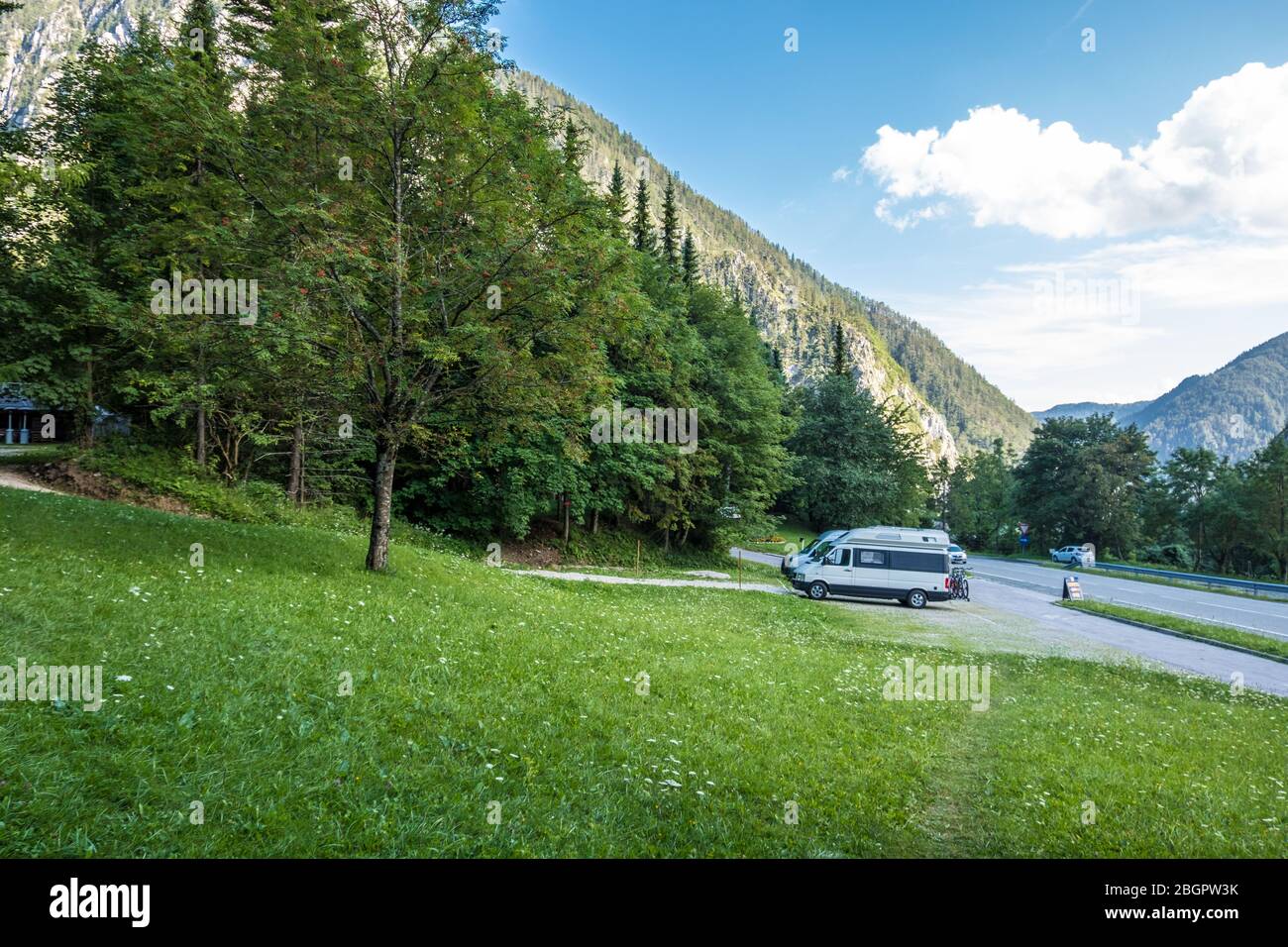Ljubelj, Slovenia - August 09, 2019: Memorial park Mauthausen in St. Ana valley. Parking near Memorial and Remains of Camp Loibl in Slovenia Stock Photo