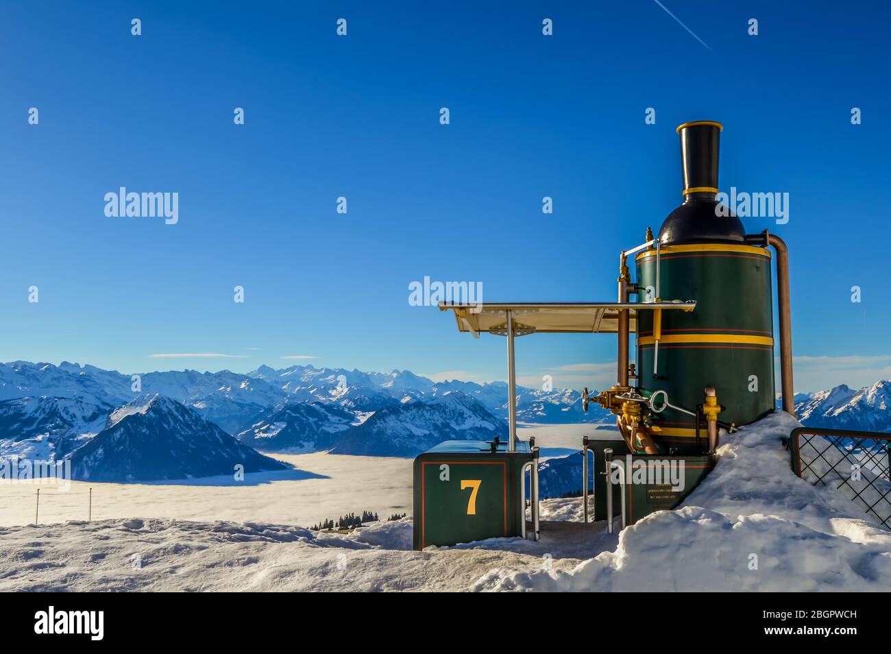Mount Rigi or Mt Rigi Kulm covered in snow in winter where cogwheel train runs in Switzerland Europe Stock Photo