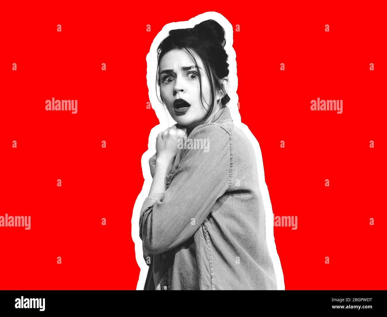 Scared, shocked. Collage in magazine style with emotional man in black ...