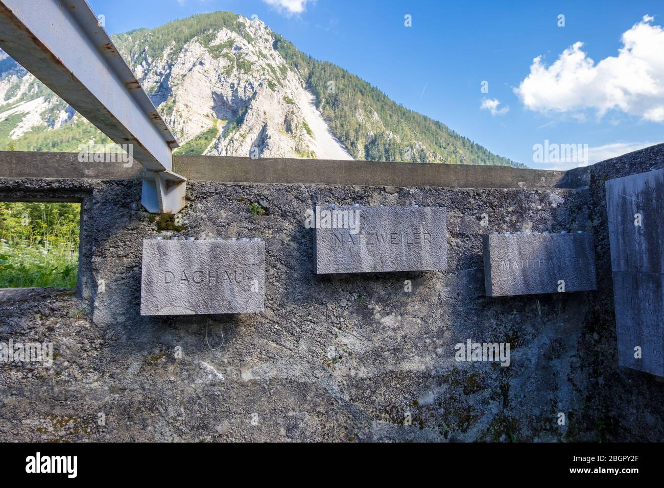 Ljubelj, Slovenia - August 09, 2019: Remains of Camp Loibl in Slovenia. Memorial Plaques with names of Concentration Camps. Memorial park Mauthausen Stock Photo