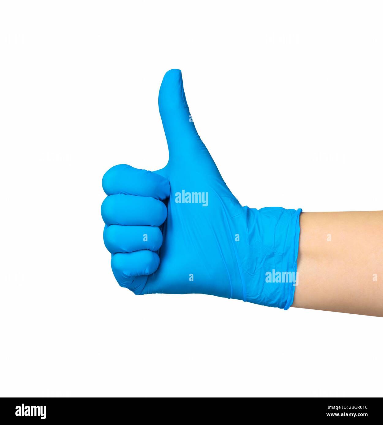 Female hand in blue surgery rubber gloves with raised up her thumb isolated on a white background. Clipping path included. Stock Photo