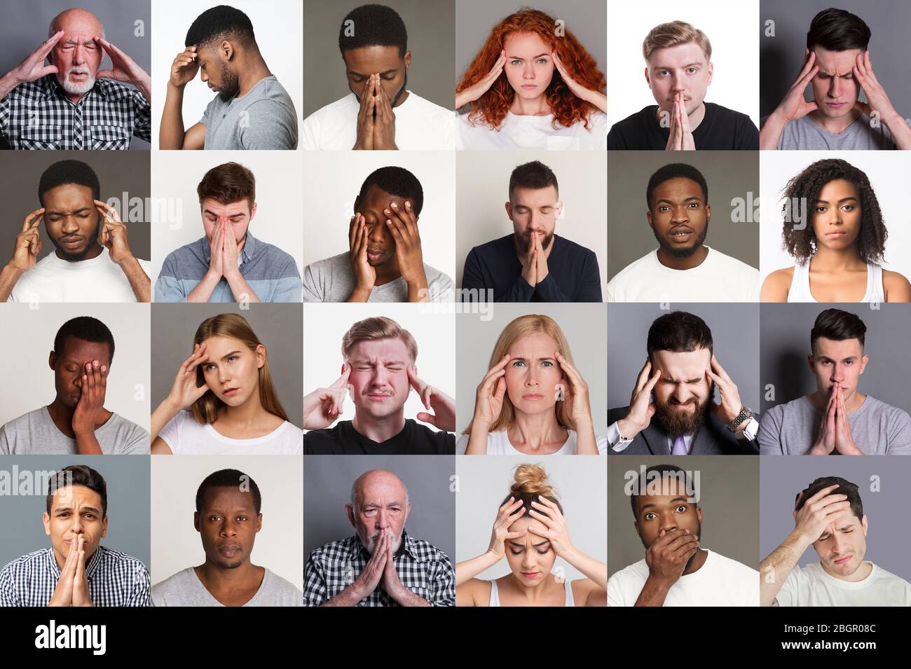 Collage with diverse people suffering from headache, stress or problems Stock Photo
