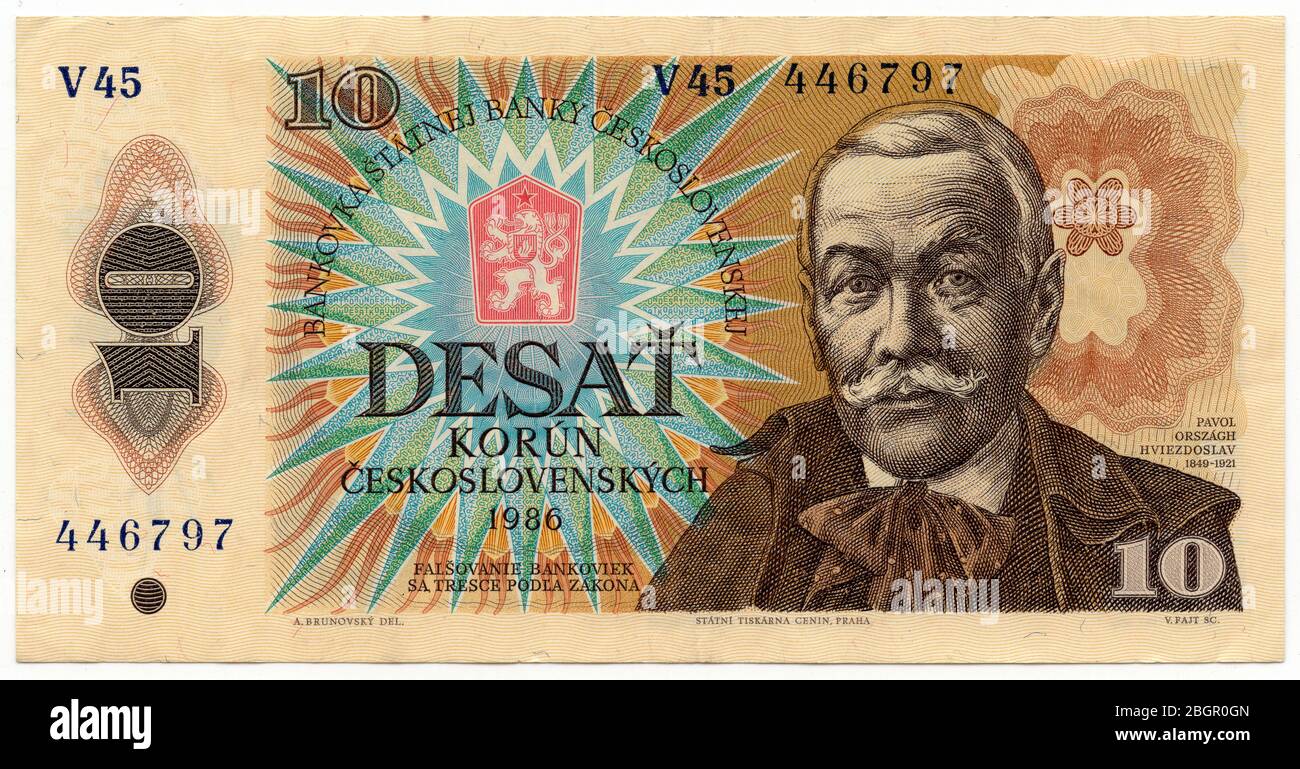 10 Czechoslovak koruna banknote (1986) issued in the Czechoslovak Socialist Republic. The banknote was designed by Slovak graphic artist Albín Brunovský. Slovak poet and dramatist Pavol Országh Hviezdoslav is depicted in the verso. Stock Photo