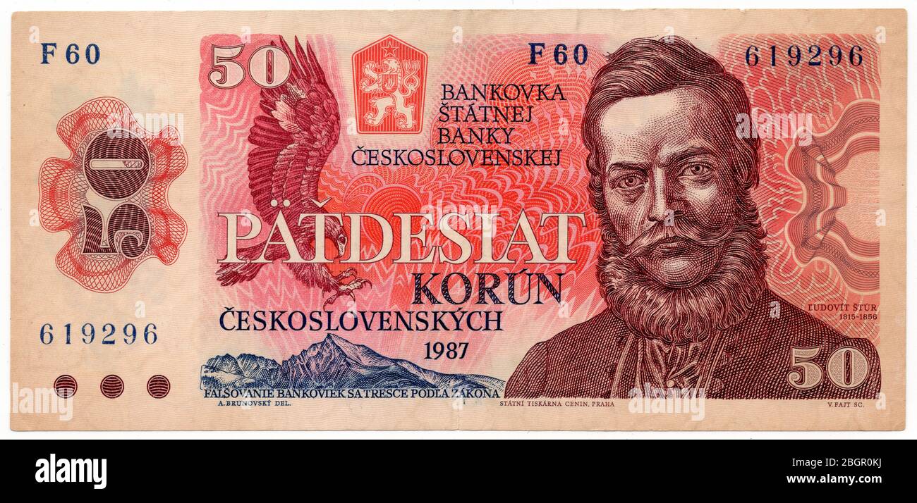 50 Czechoslovak koruna banknote (1987) issued in the Czechoslovak Socialist Republic. The banknote was designed by Slovak graphic artist Albín Brunovský. Slovak national hero Ľudovít Štúr, who was the leading figure of the Slovak national revival in the 19th century and the author of the Slovak language standard, is depicted in the verso. Stock Photo