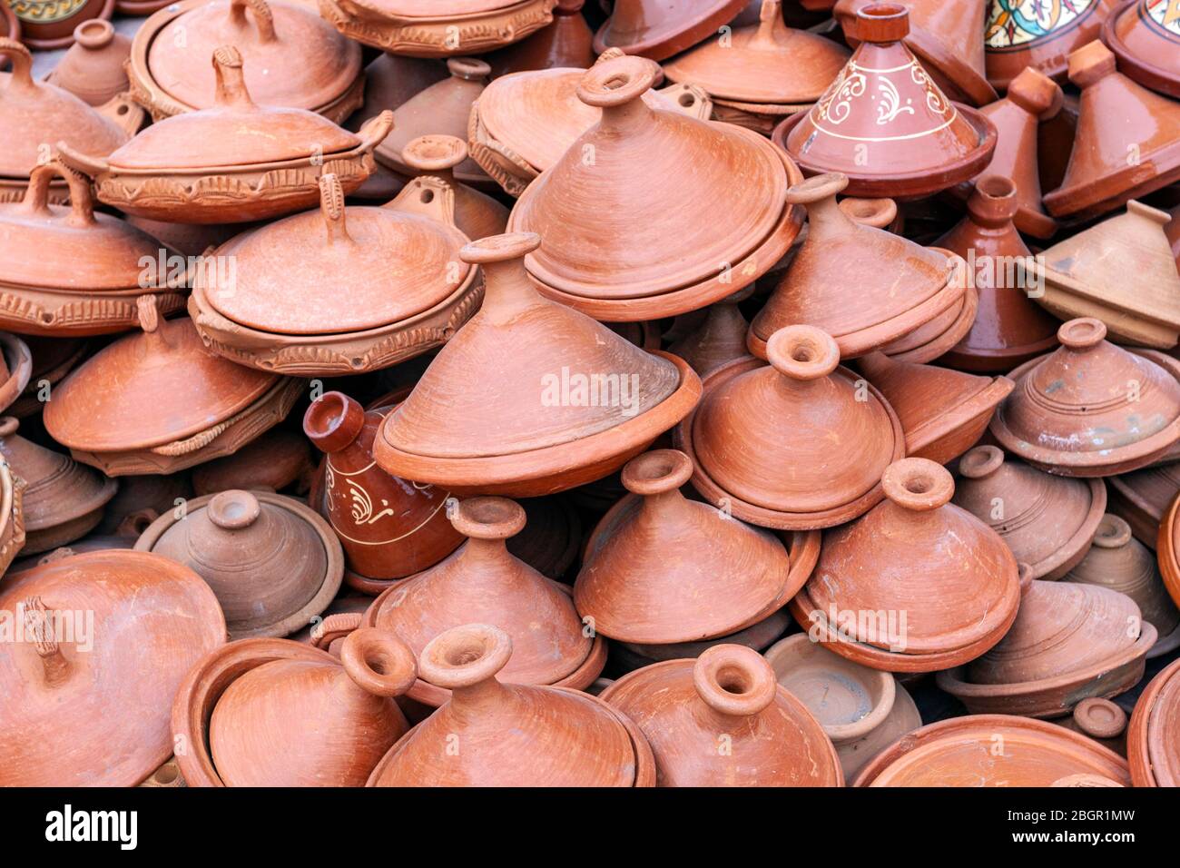 Terracotta Round Tagine in a pottery shop, Safi, Morocco Stock Photo