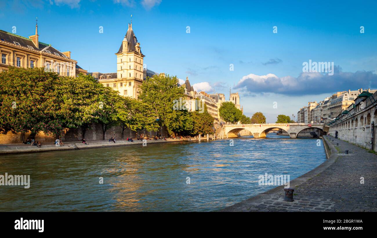 Walkway along River Seine below Prefecture de Police, Paris, France Stock Photo