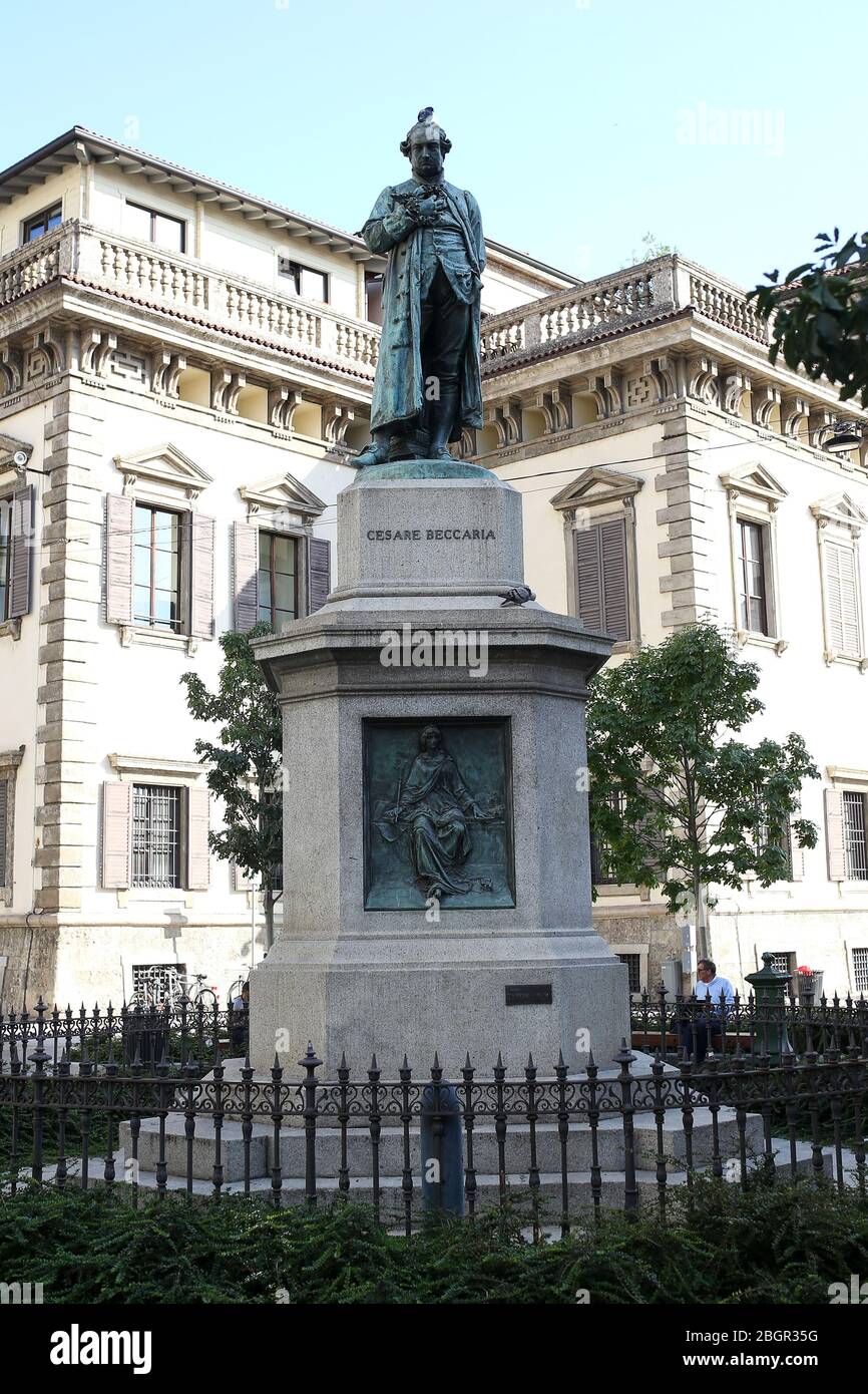 Milan, Italy- 20 September 2019: statue of Cesare Beccaria (Cesare Bonesana di Beccaria) an Italian criminologist, jurist, philosopher, and politician Stock Photo