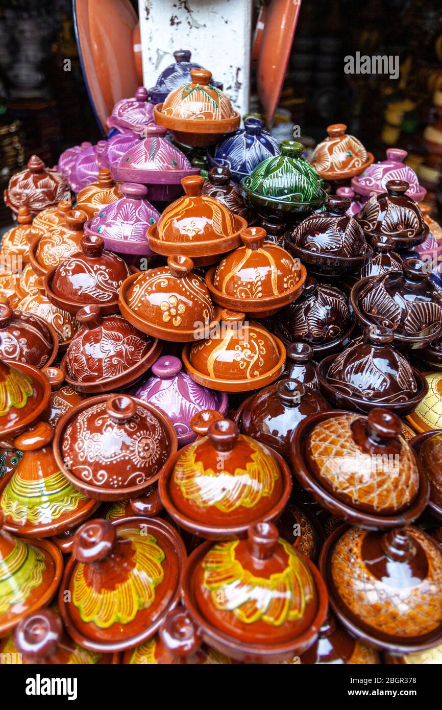 Terracotta Round Tagine in Pottery shop in Safi, Morocco Stock Photo