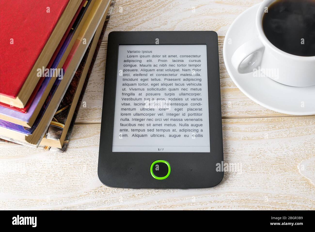 E Reader Stack Of Ordinary Paper Books And Cup Of Coffee On A White Wooden Table Copy Space On E Book Display E Reading For Pleasure And Education Stock Photo Alamy