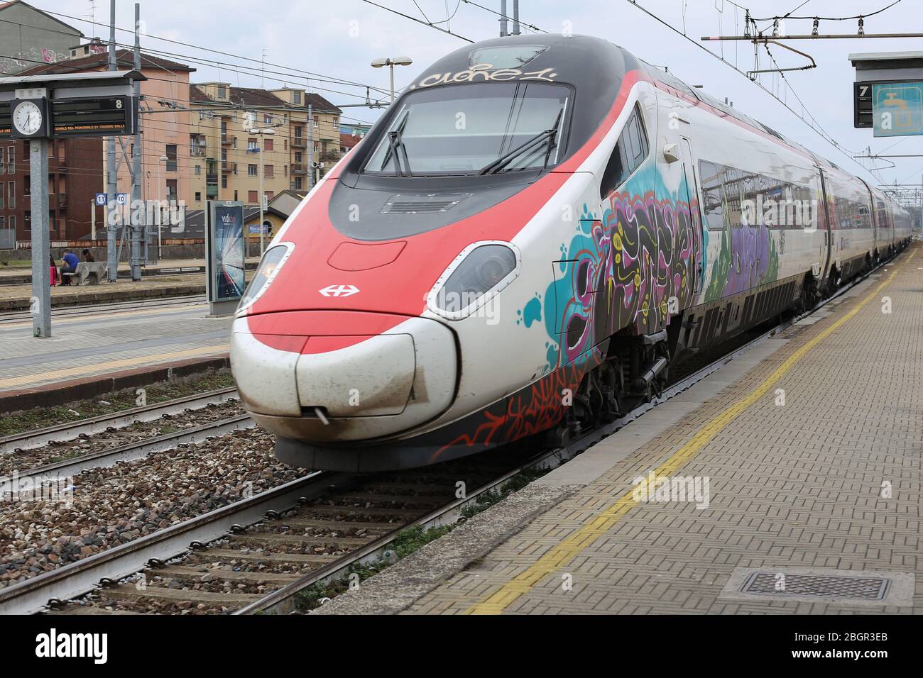 Milan, Italy - 22 September 2019: The Frecciarossa 1000 (ETR 400,  ETR 1000) a high-speed train operated by Italian state railway operator Trenitalia, Stock Photo