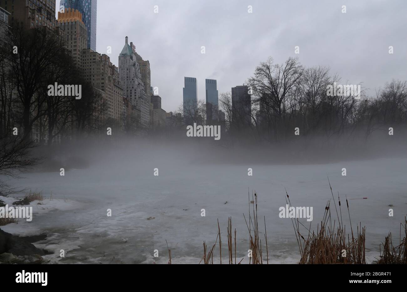 United States. New York city. Central park.  Lake. Condensation Stock Photo