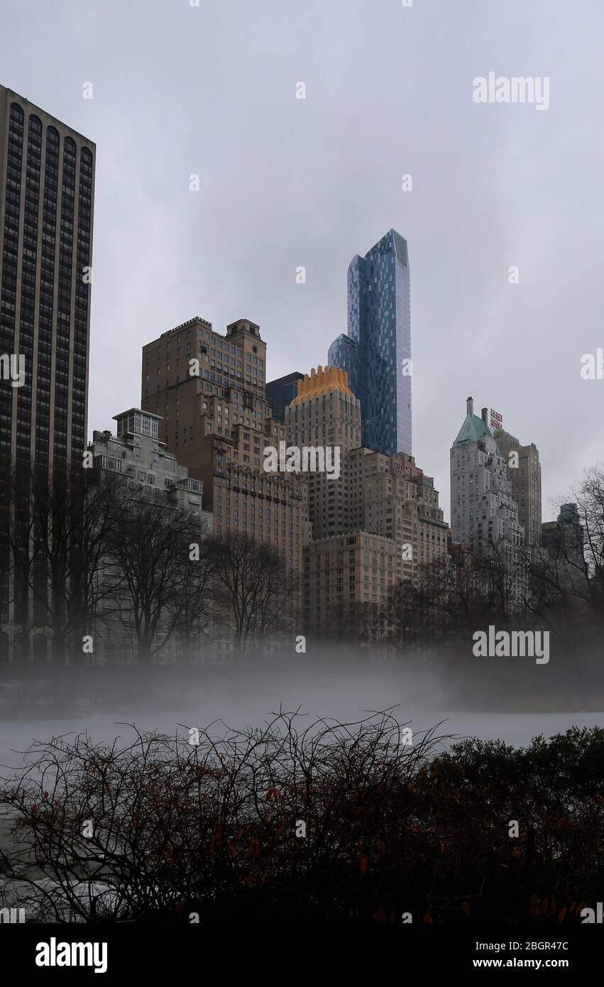 United States. New York city. Central park.  Lake. Condensation Stock Photo