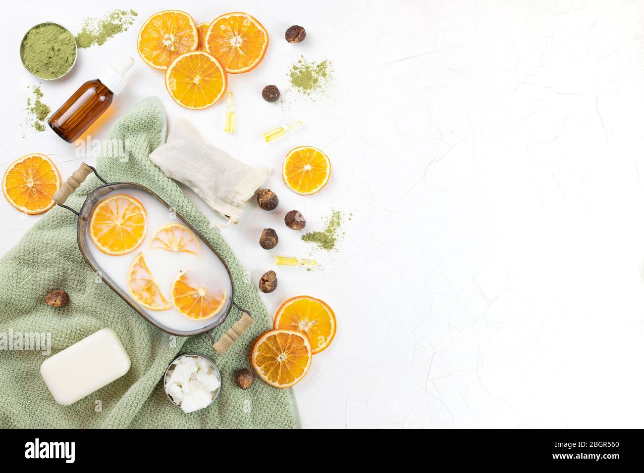 selfcare kit for body and face. soap nuts, coconut oil, spirulina powder. concept DIY natural