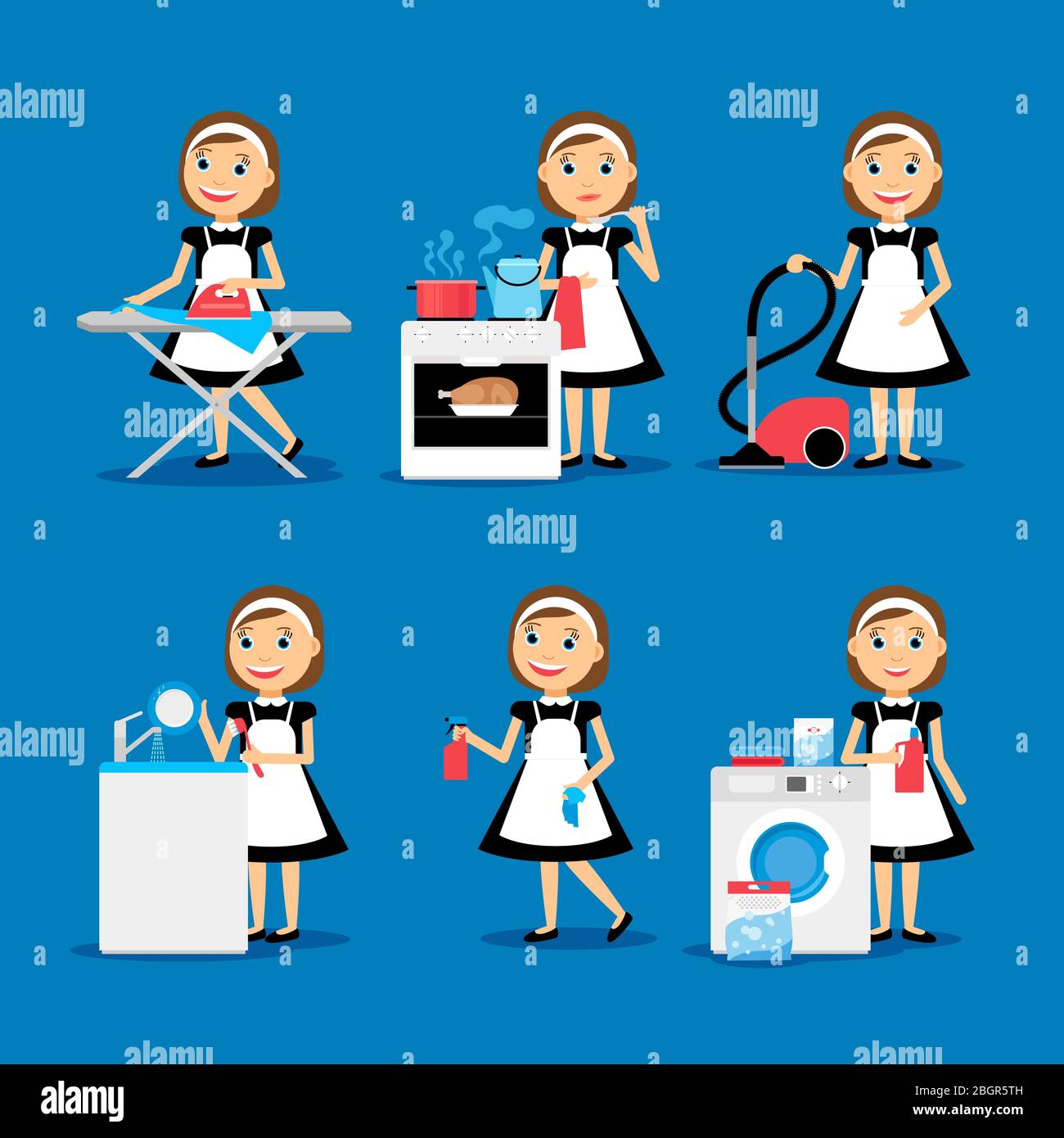 Multitasking housewife Vector illustration. Housekeeper woman ironing