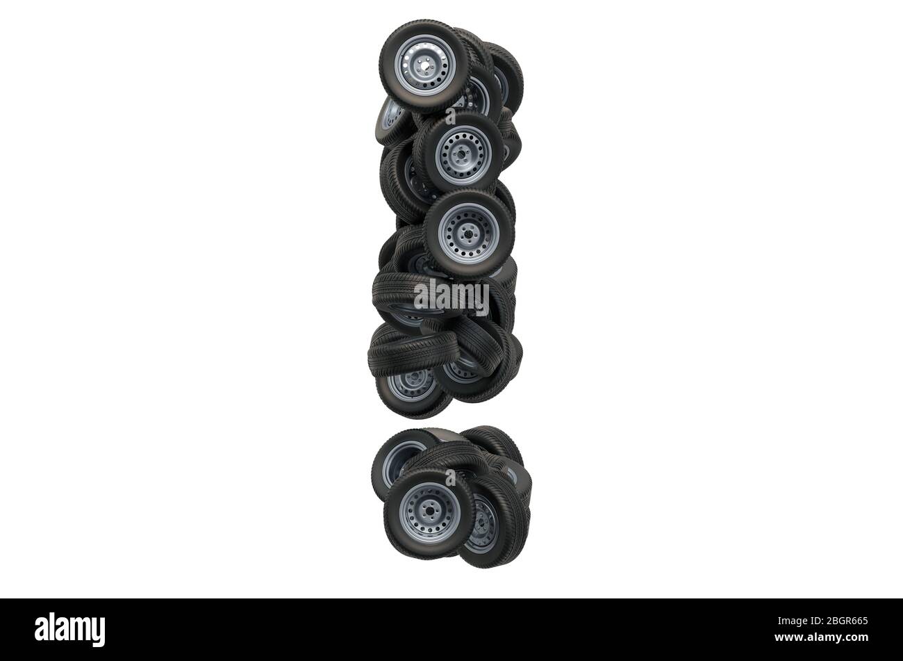 Exclamation mark car wheels, 3D rendering isolated on white background