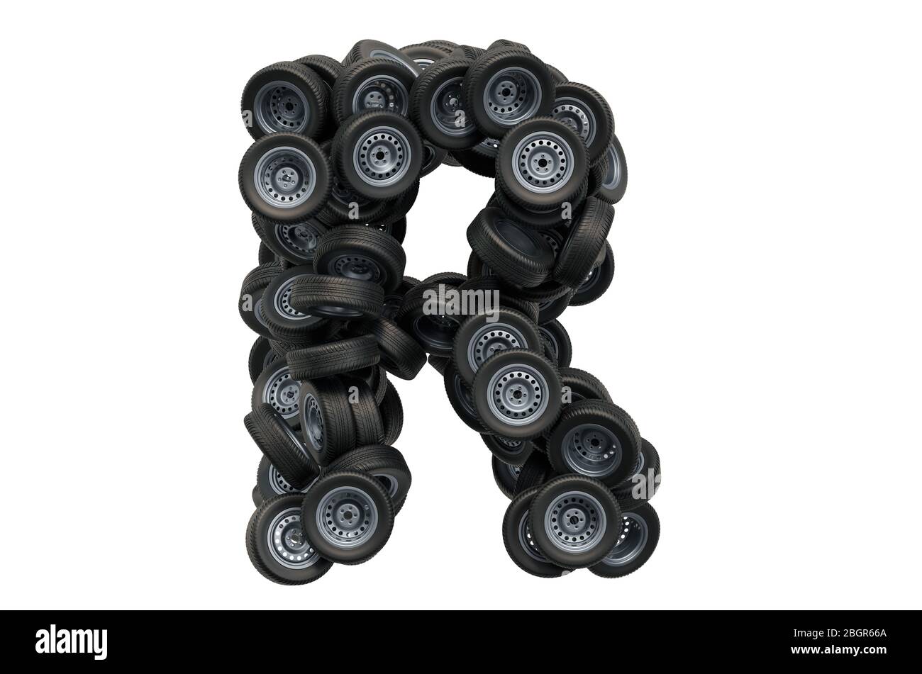 Letter R from car wheels, 3D rendering isolated on white background ...