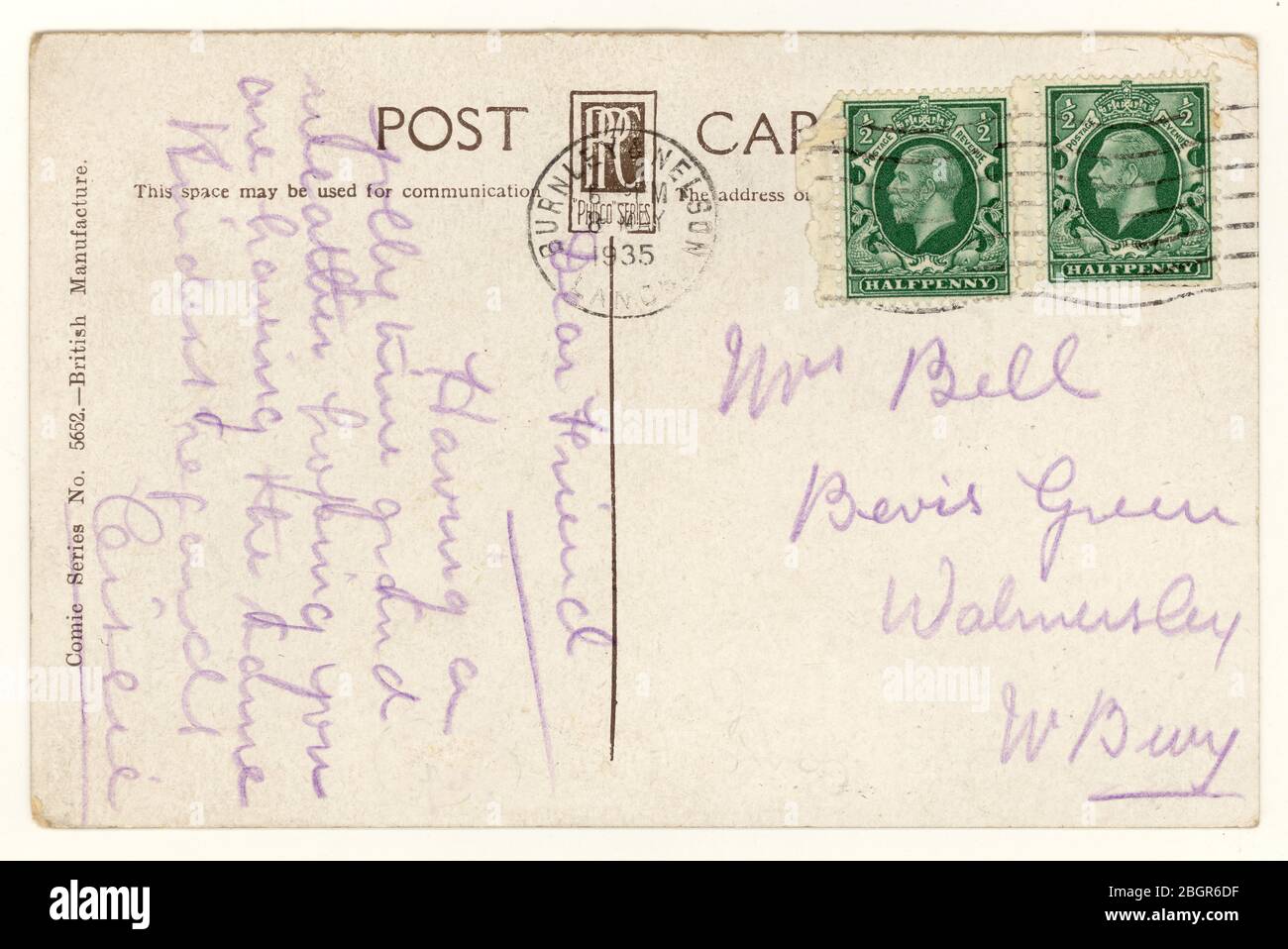 Early 1900's posted postcard posted from Burnley, Lancashire, England, U.K. with 2 George V stamps, 1935 Stock Photo