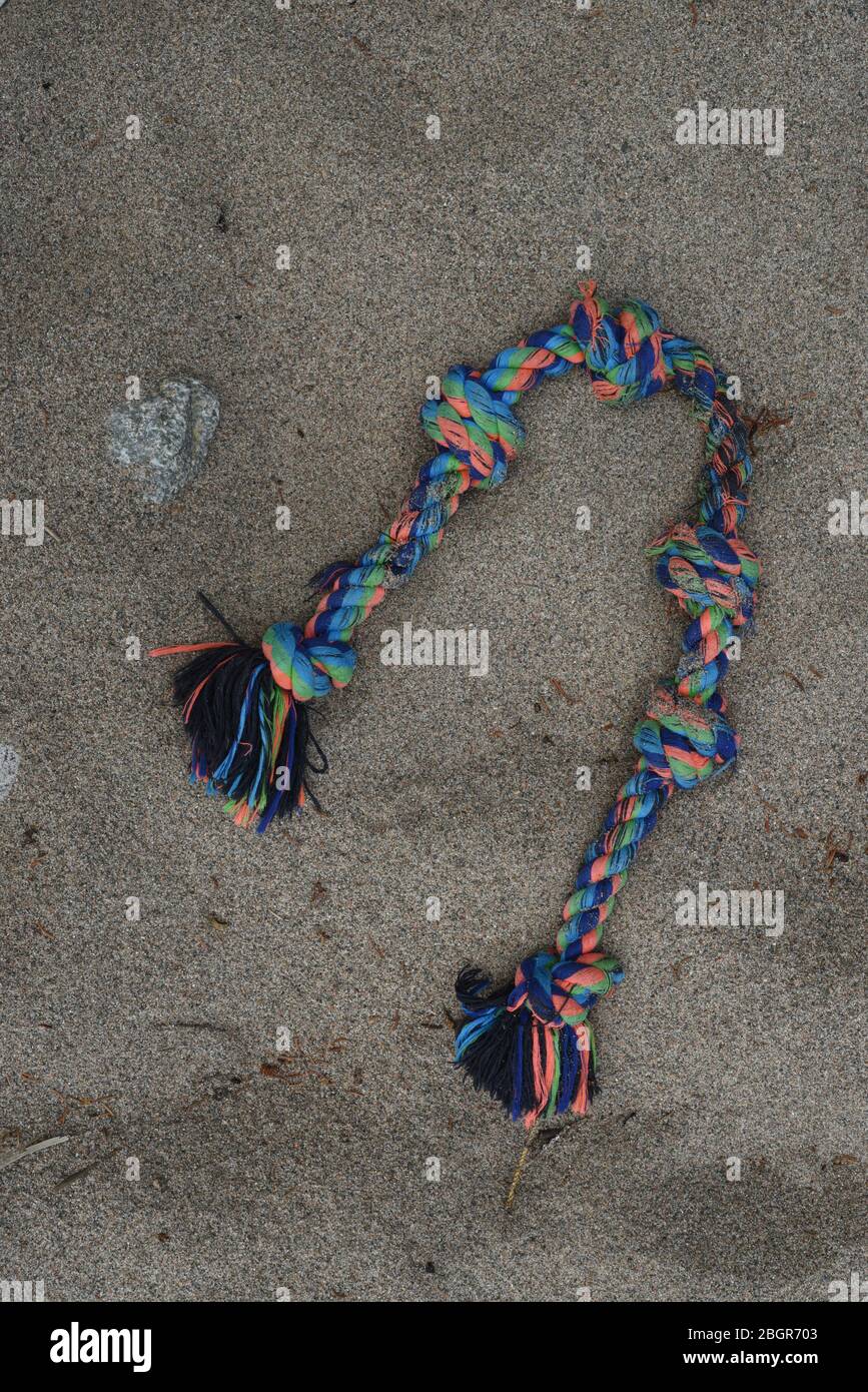 A short piece of rainbow colored braided rope with knots at either end lies on a sand beach in Nova Scotia, Canada Stock Photo
