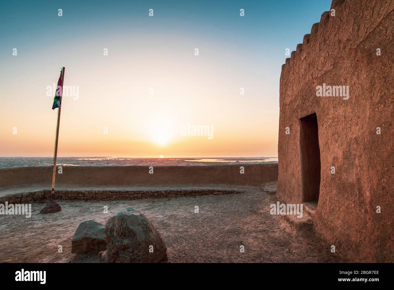 Dhayah Fort in north Ras Al Khaimah United Arab Emirates. Gulf, heritage architecture at sunset Stock Photo