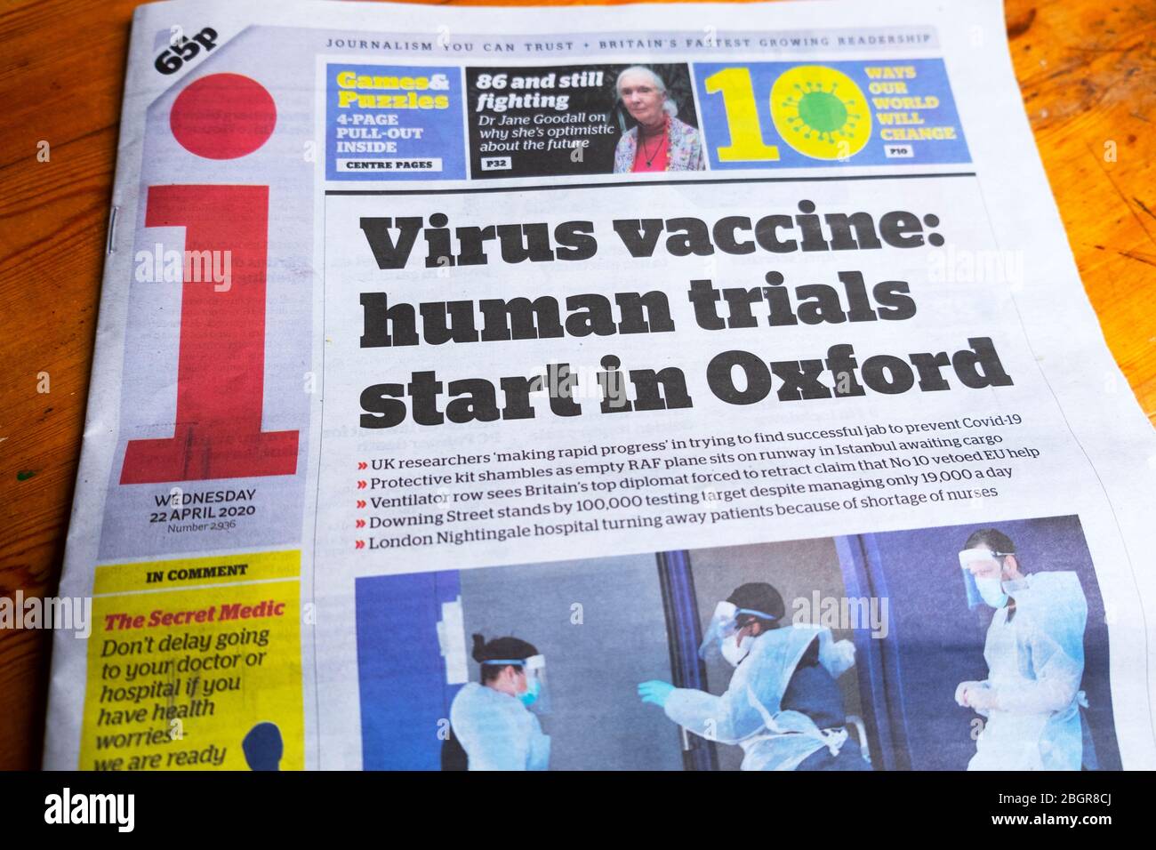 Coronavirus Covid-19 trial research 'Virus vaccine: human trials start in Oxford' i newspaper front page headline 22 April 2020 London England UK Stock Photo