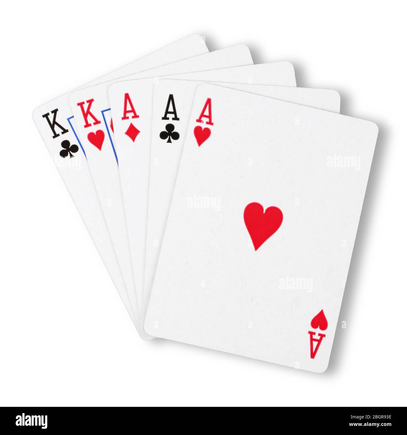 Full house aces over kings on white with clipping path to remove shadow Stock Photo