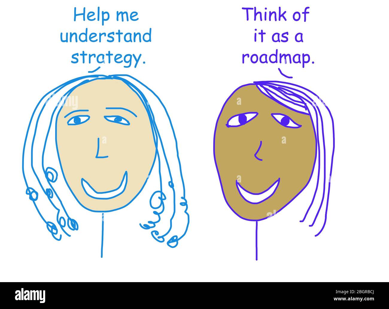 Color cartoon showing two ethnically diverse women defining strategy as a roadmap. Stock Photo