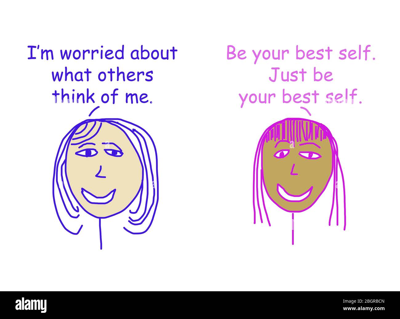 Color cartoon of two ethnically diverse women talking about the importqnce of being your best self at all times. Stock Photo