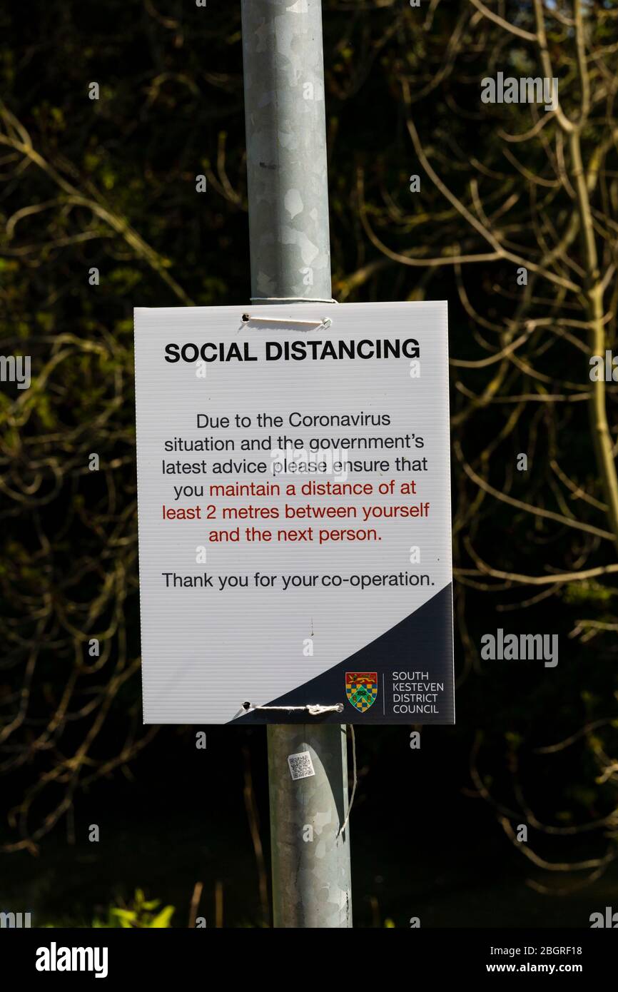 Corona Virus, Covid-19. Social distancing notice. Grantham, Lincolnshire, England. April 2020 Stock Photo