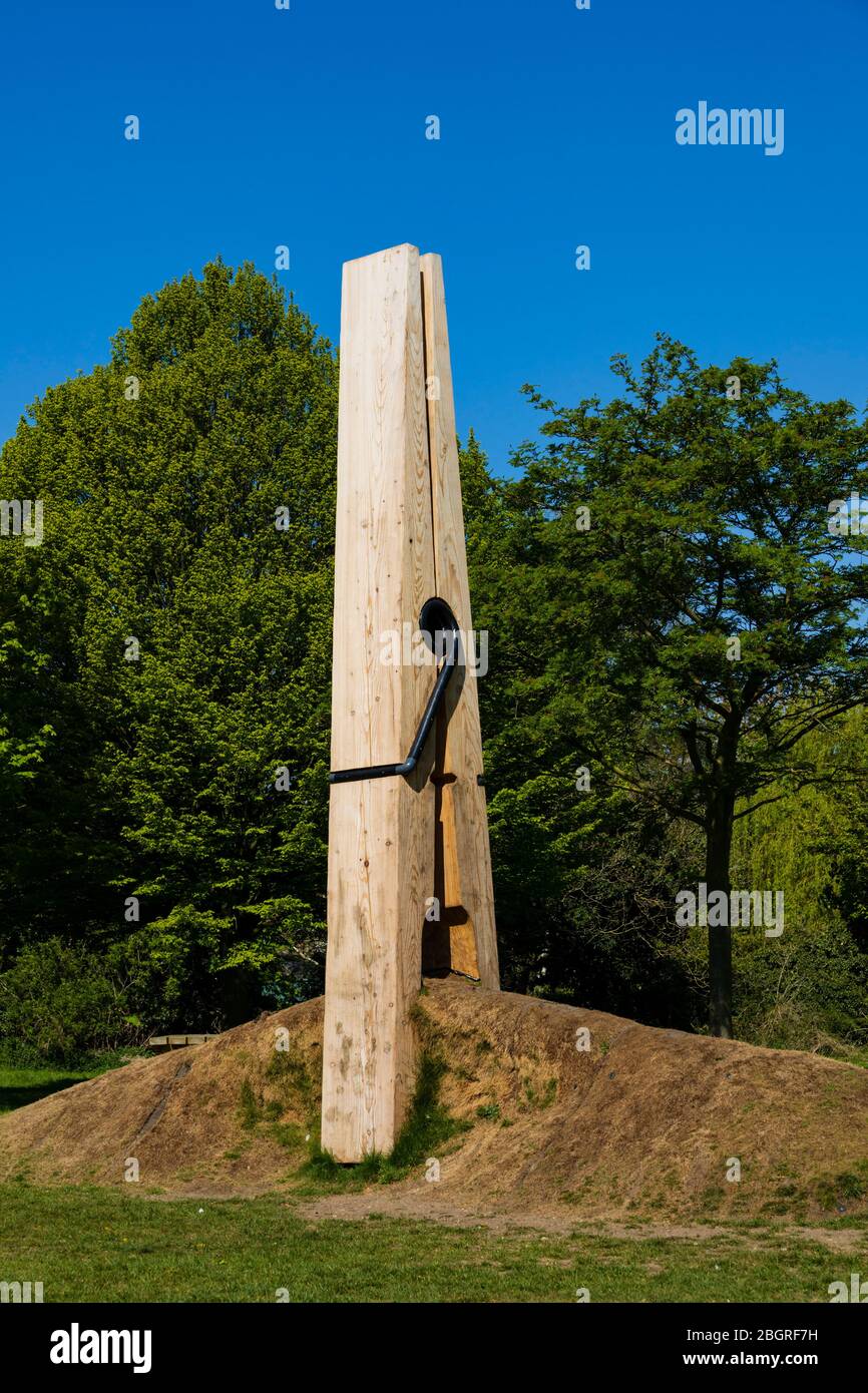 Giant clothes peg wooden sculpture in Queen Elizabeth Park, Grantham