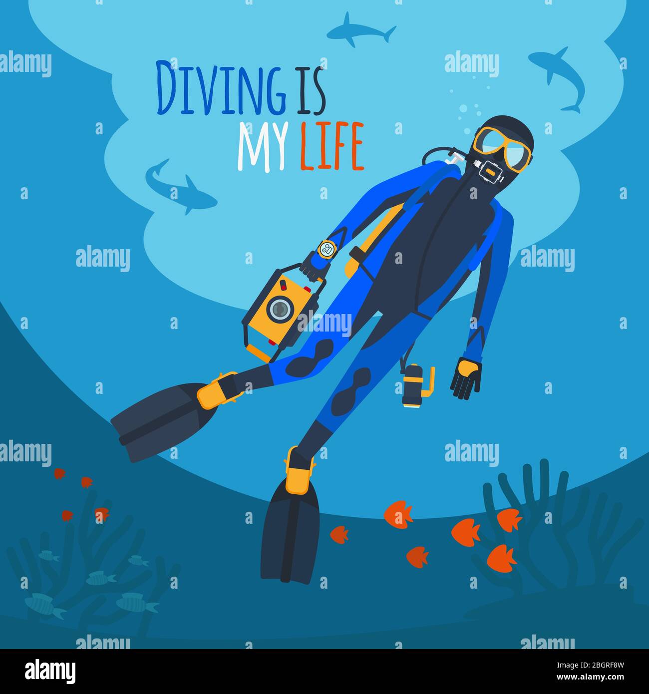Diving illustration. Diver underwater diver surrounded by fish and corals Stock Vector Image