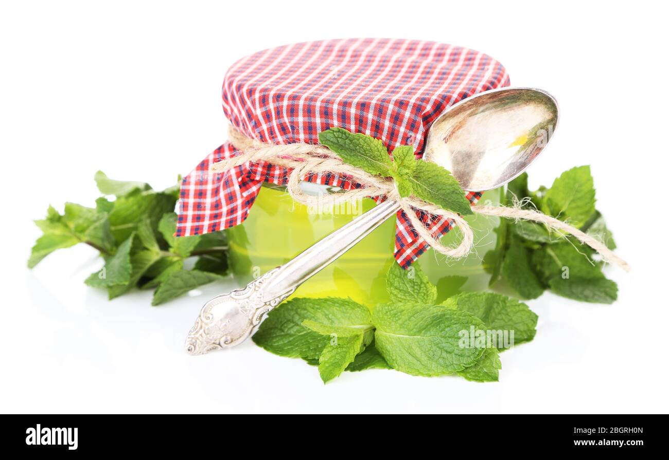 Homemade mint jelly in glass jar, isolated on white Stock Photo Alamy