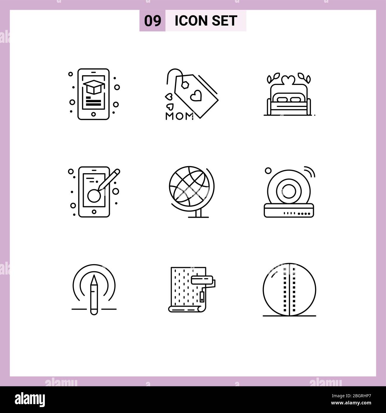 Group of 9 Outlines Signs and Symbols for geography, mobile, bed, designing, creativity Editable Vector Design Elements Stock Vector