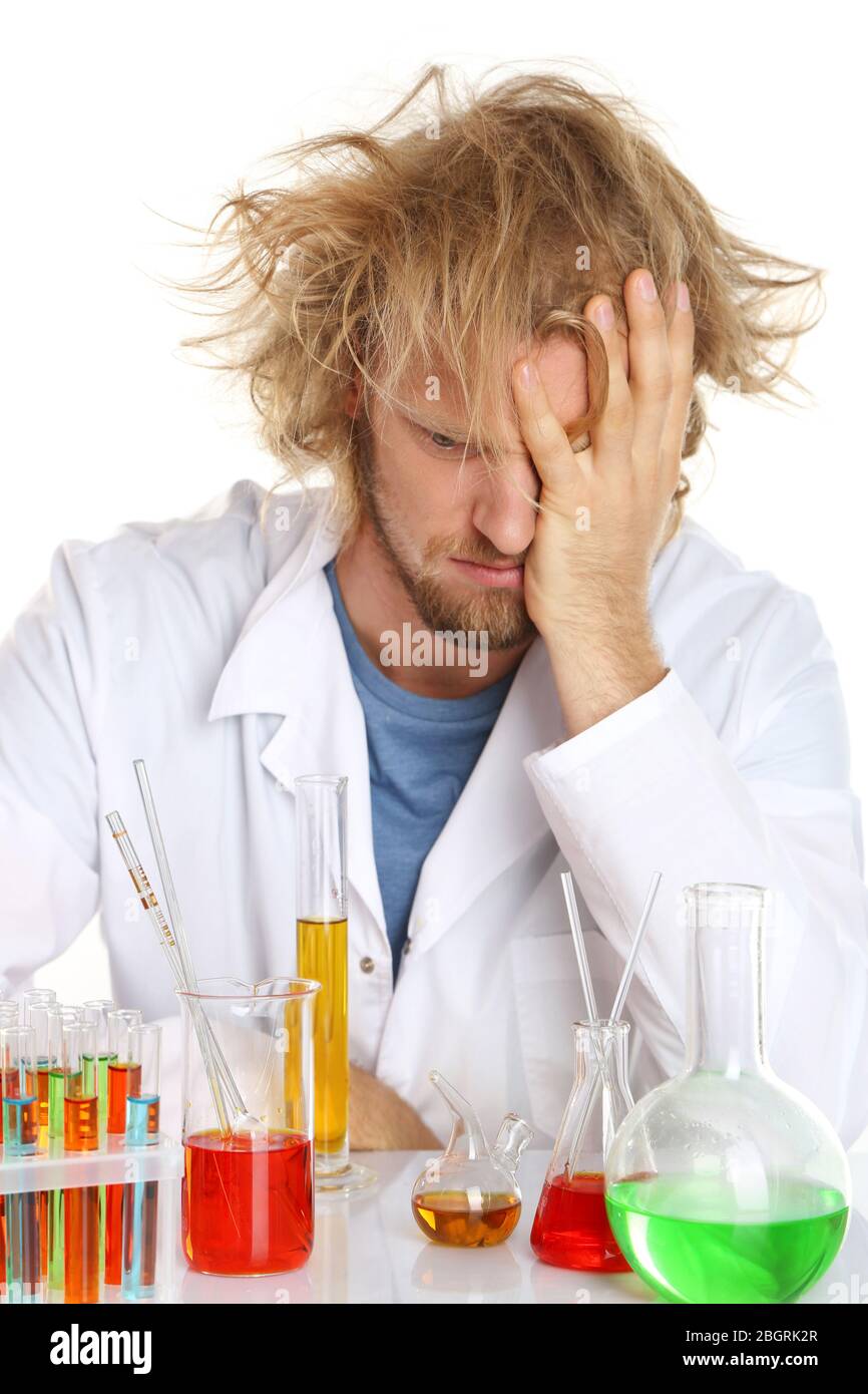Crazy scientist working in laboratory Stock Photo