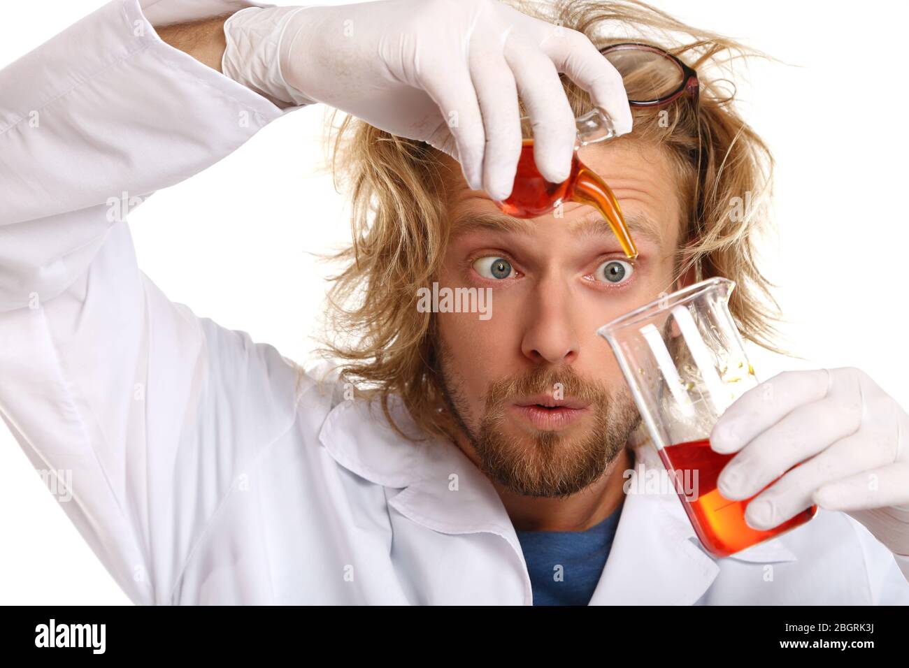 Crazy scientist working in laboratory Stock Photo