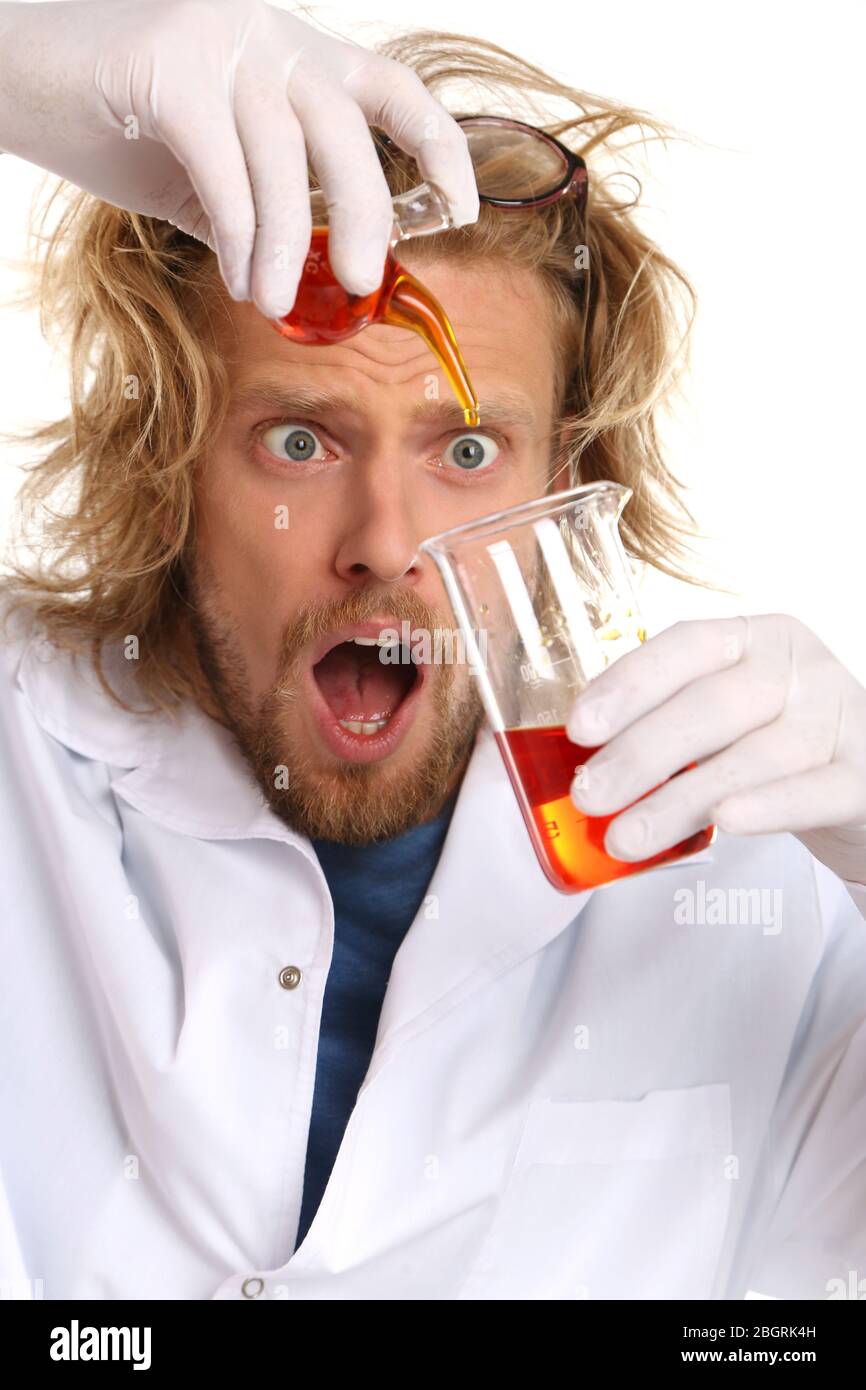 Crazy scientist working in laboratory Stock Photo