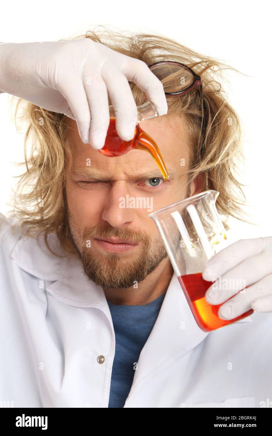 Crazy scientist working in laboratory Stock Photo