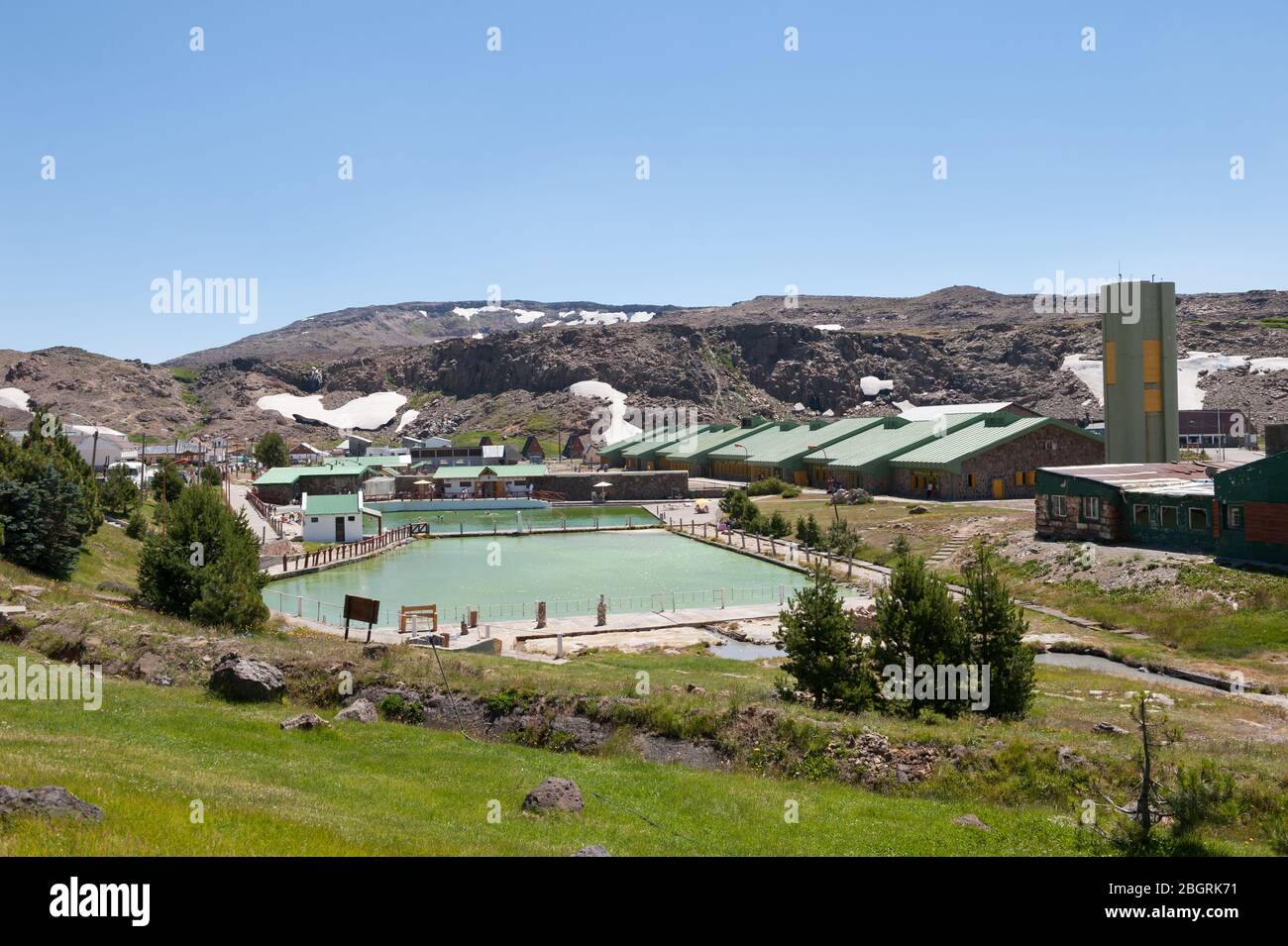 Copahue, Argentina - March 03 2020: View of the thermal complex with hot springs in Copahue, province of Neuquen Stock Photo