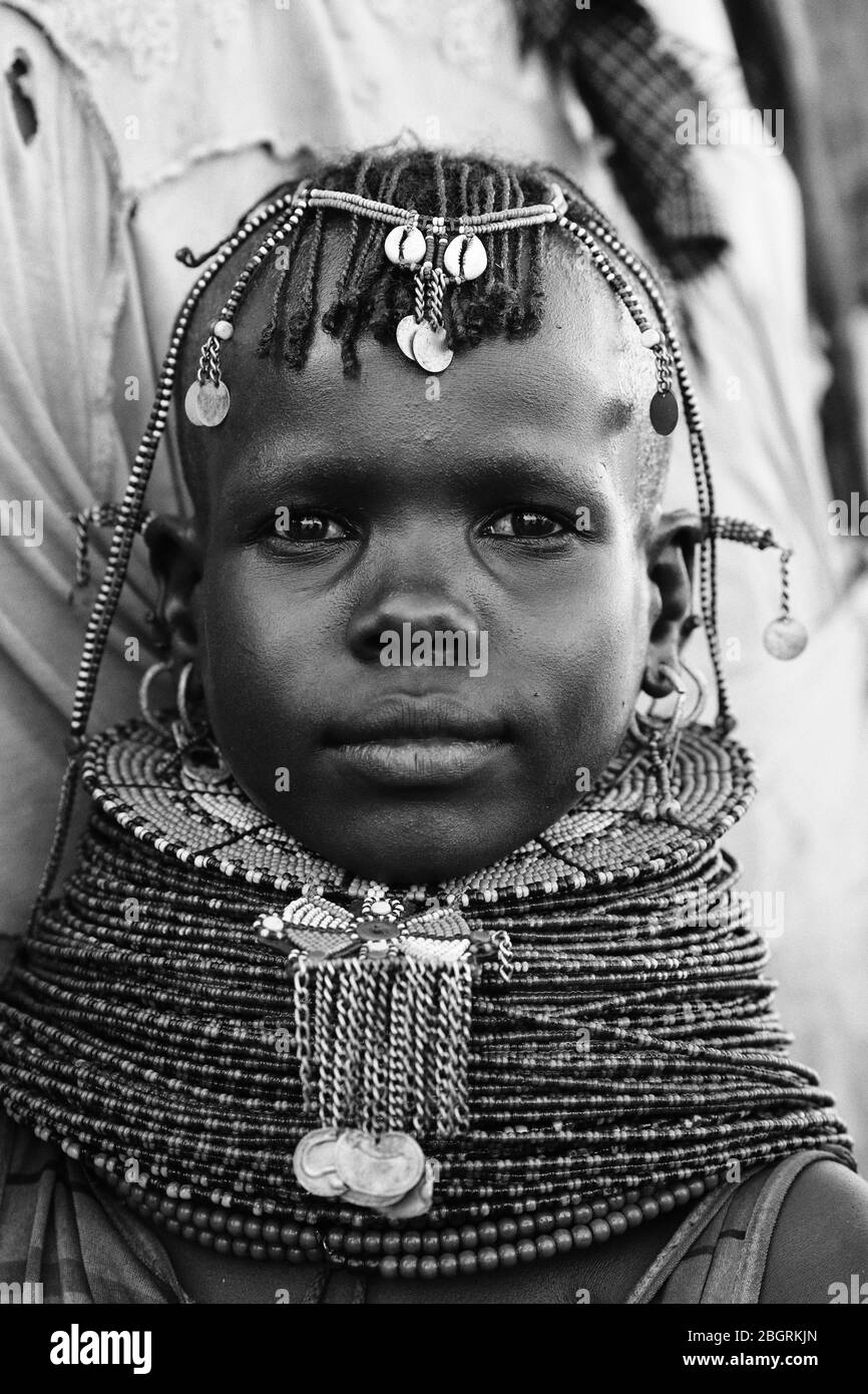 Black and white portrait of a young Turkana girl. Kenya. Stock Photo